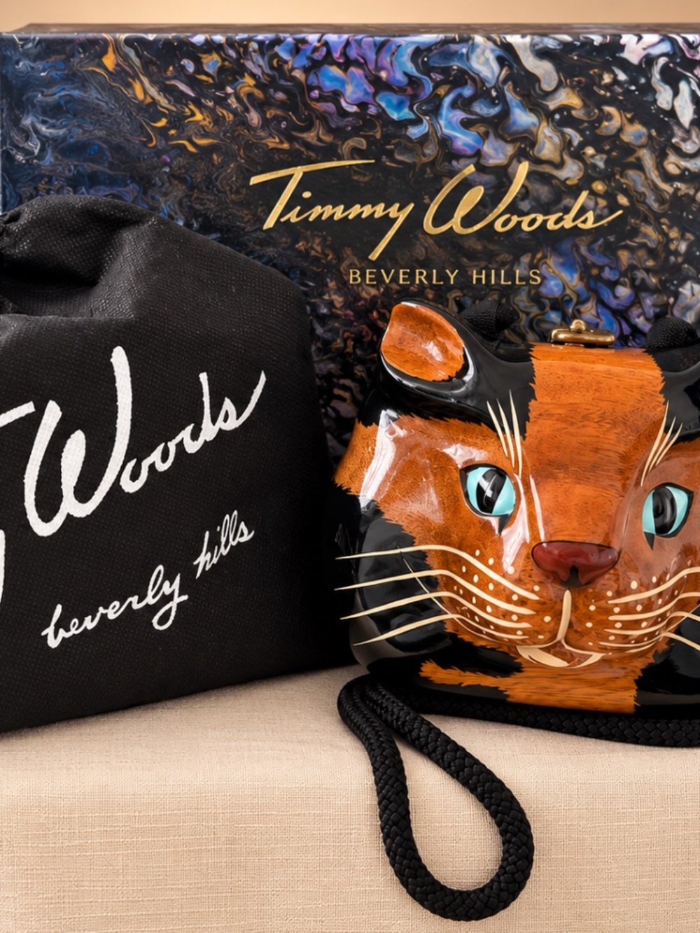 Timmy Woods Beverly Hills Cat Acacia Wood Handbag Art to Wear Dust Bag
